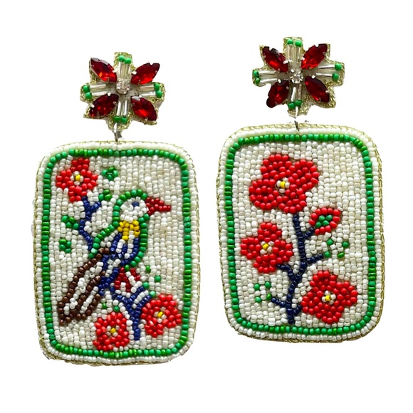 Lily Posh Jewelry - Beaded Floral & Bird Drop Earrings - Red, Green, White